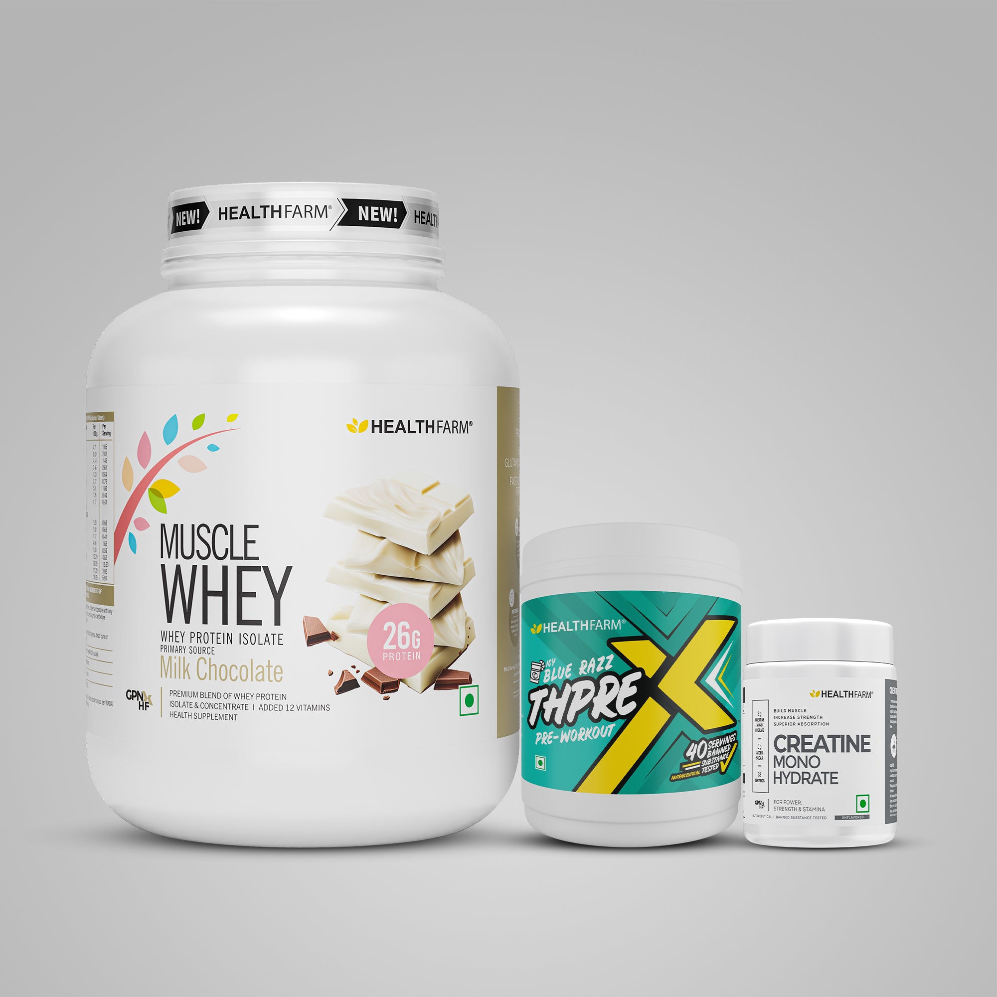 Healthfarm Muscle Whey (2Kg) + ThPreX Pre-workout + Creatine (50g)