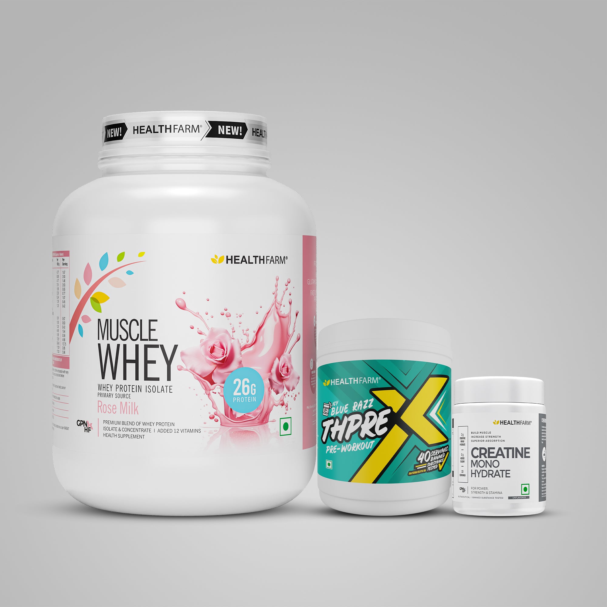 Healthfarm Muscle Whey (2Kg) + ThPreX Pre-workout + Creatine (50g)