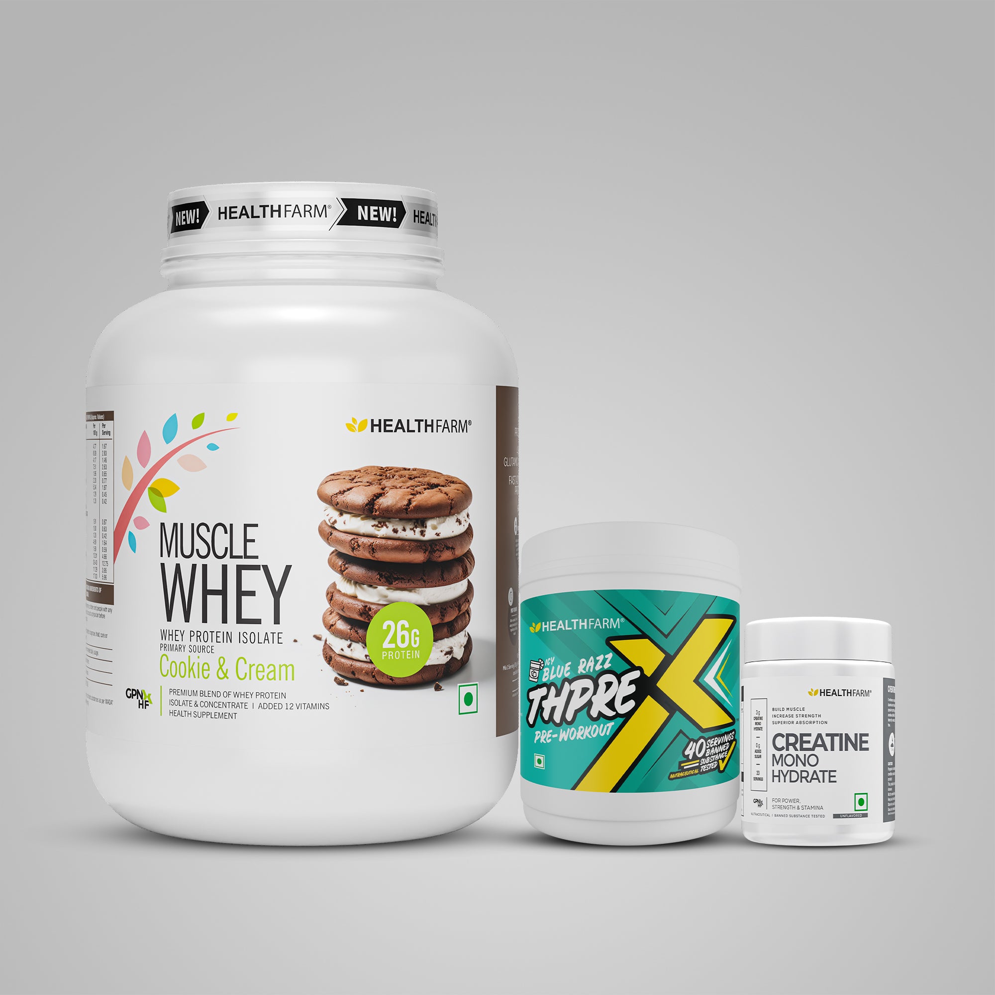 Healthfarm Muscle Whey (2Kg) + ThPreX Pre-workout + Creatine (50g)
