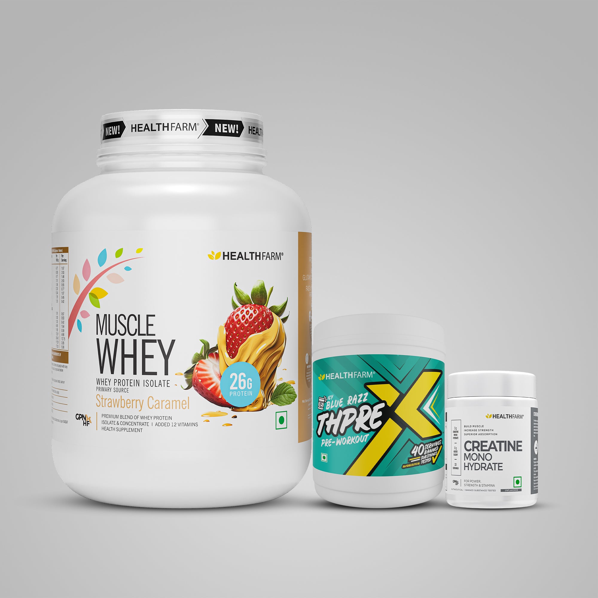 Healthfarm Muscle Whey (2Kg) + ThPreX Pre-workout + Creatine (50g)