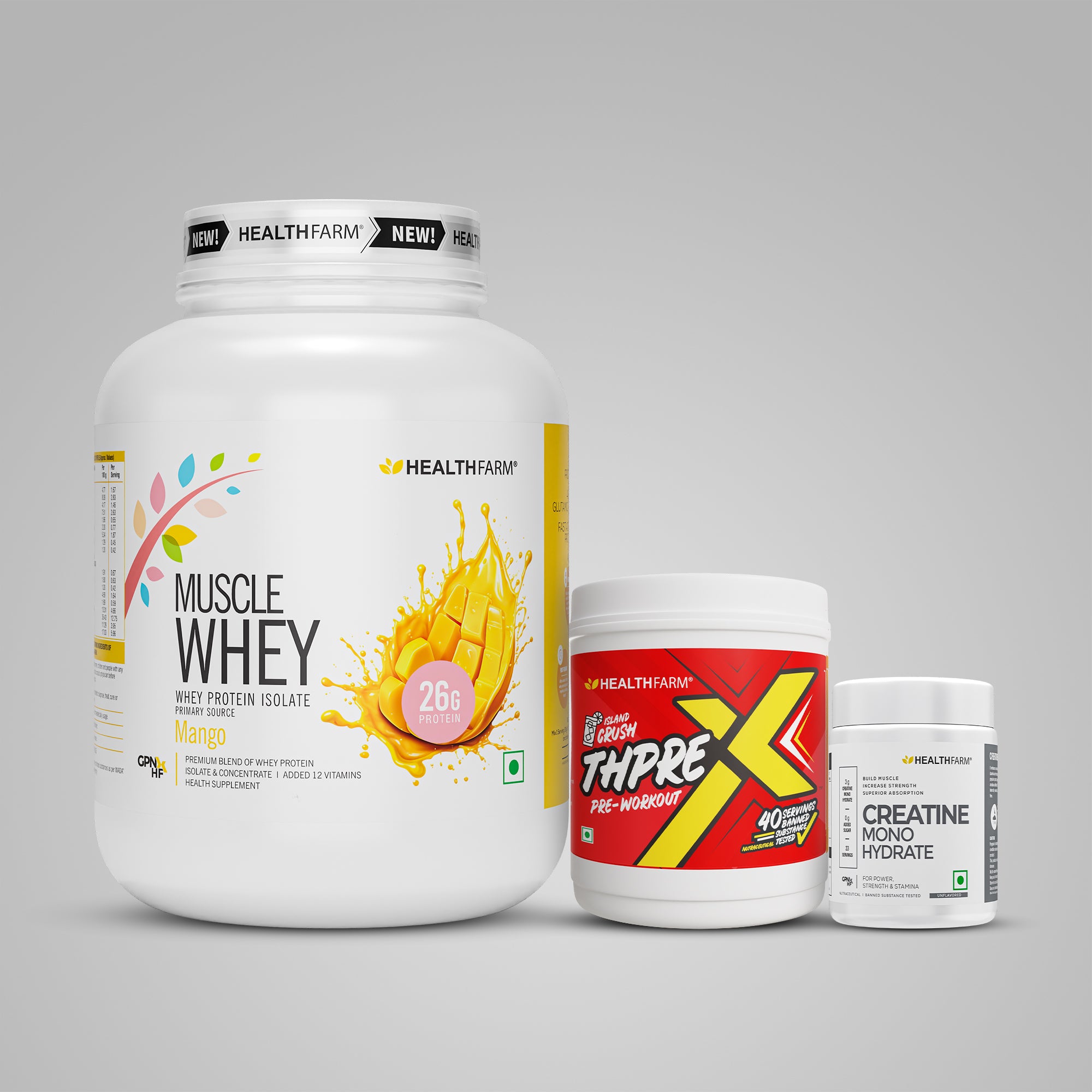 Healthfarm Muscle Whey (2Kg) + ThPreX Pre-workout + Creatine (50g)