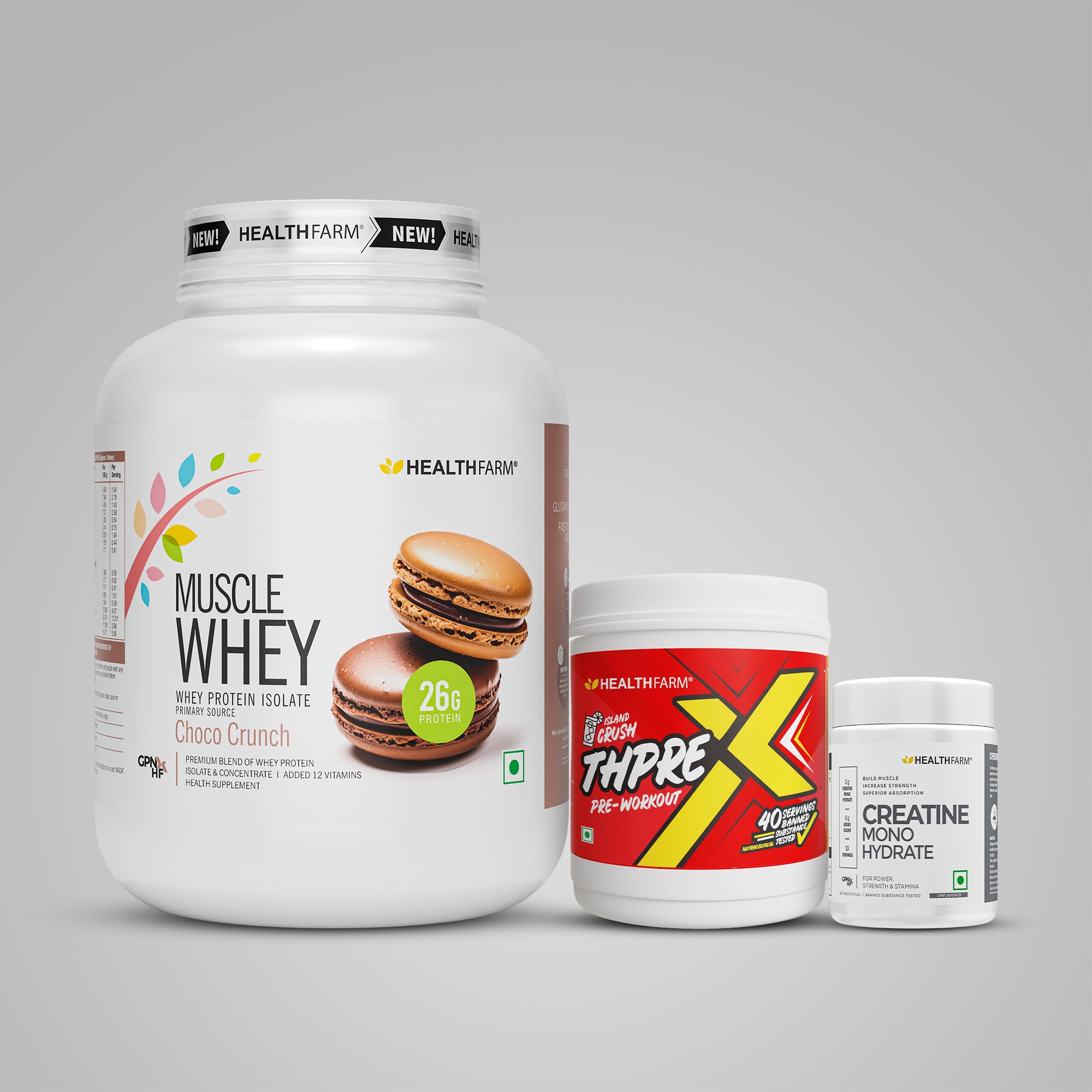 Healthfarm Muscle Whey (2Kg) + ThPreX Pre-workout + Creatine (50g)