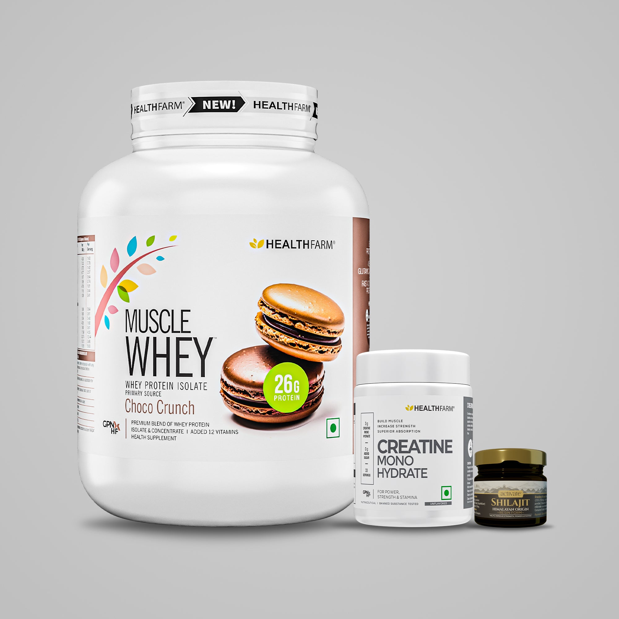 Healthfarm Muscle Whey (2Kg) + Creatine (50g) + Shilajit (10g)