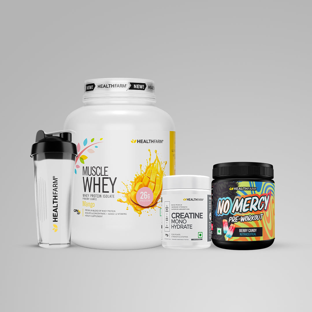 Healthfarm Muscle Whey (2Kg) + Creatine (50g) + No Mercy + Plastic Shaker