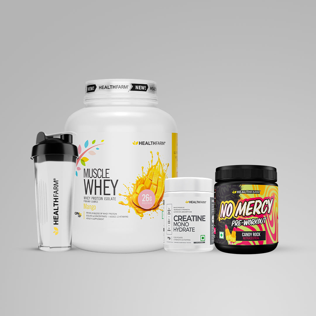 Healthfarm Muscle Whey (2Kg) + Creatine (50g) + No Mercy + Plastic Shaker