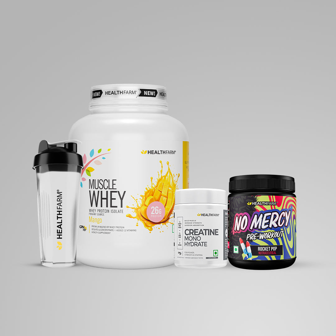 Healthfarm Muscle Whey (2Kg) + Creatine (50g) + No Mercy + Plastic Shaker