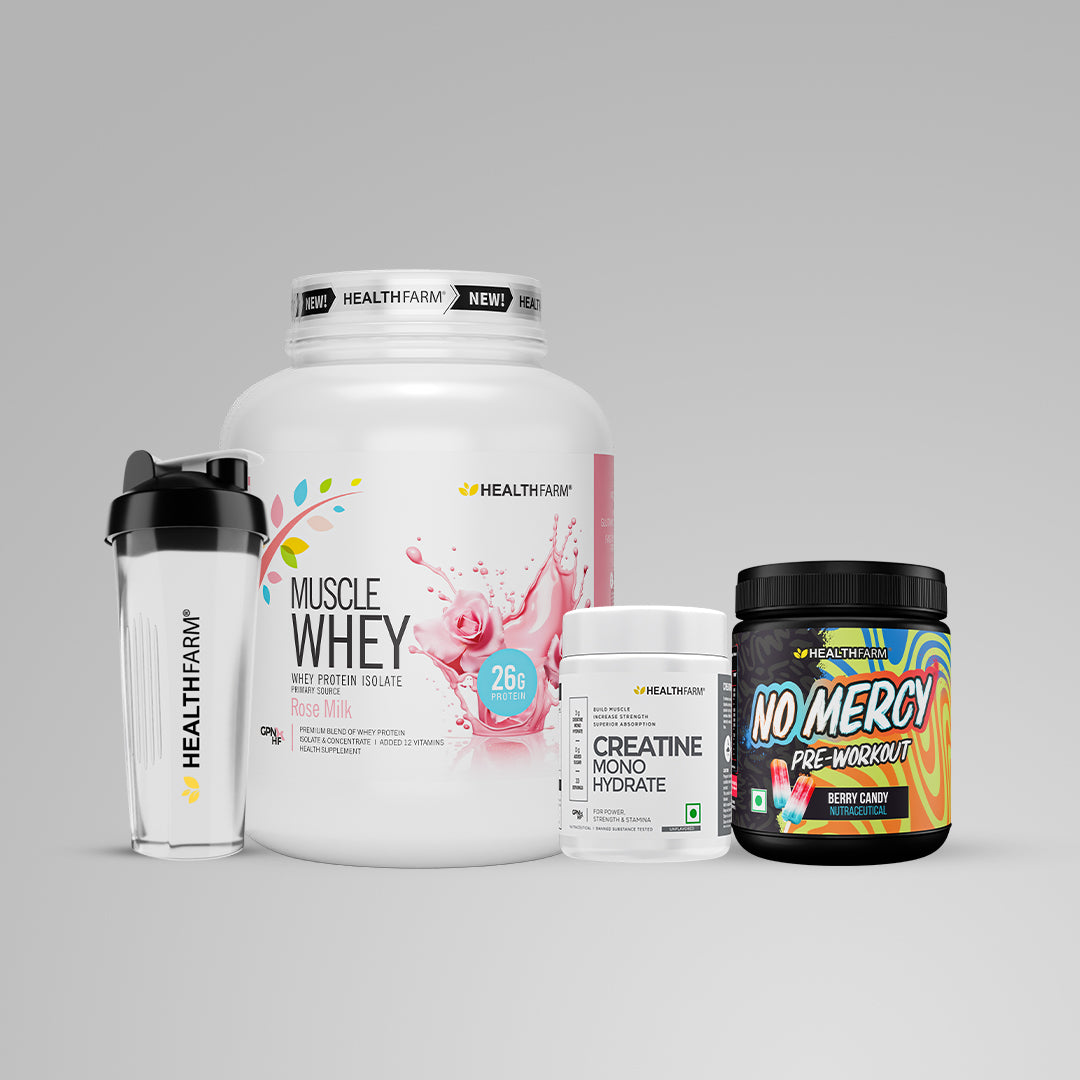 Healthfarm Muscle Whey (2Kg) + Creatine (50g) + No Mercy + Plastic Shaker