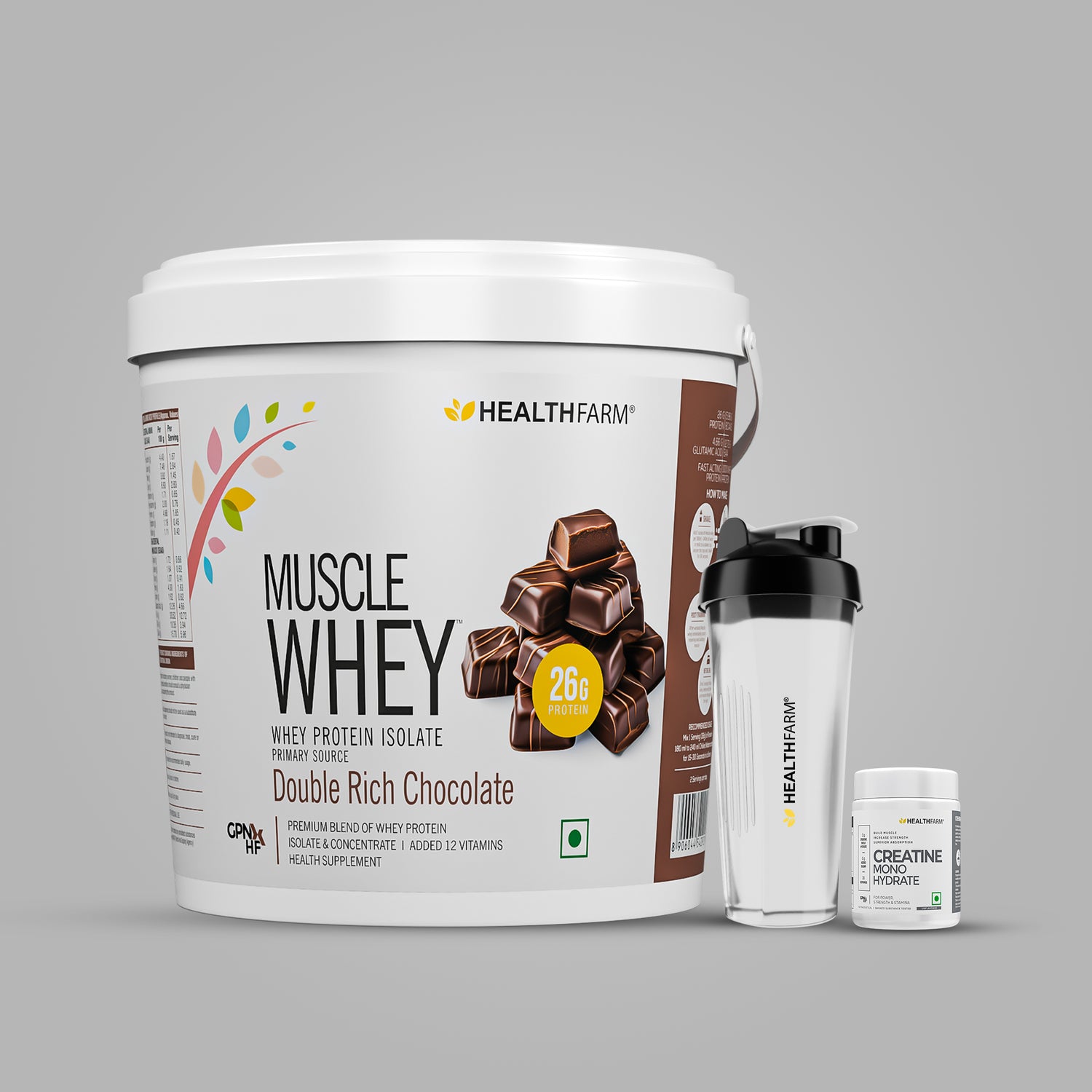 Healthfarm Muscle Whey (4Kg) + Creatine (50g) + Plastic Shaker