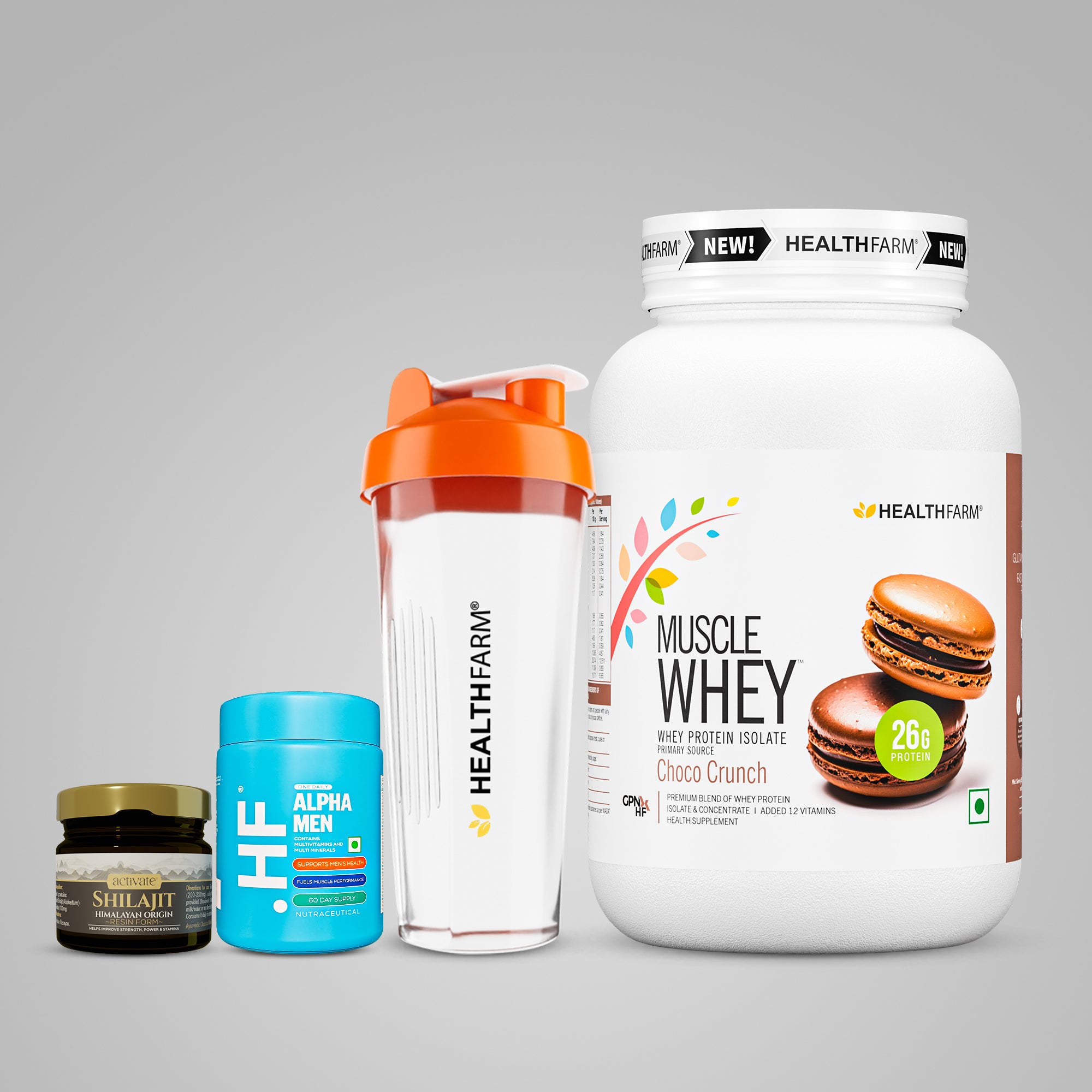 Healthfarm Muscle Whey 1KG + Shilajit + Alpha Men + Free Shaker