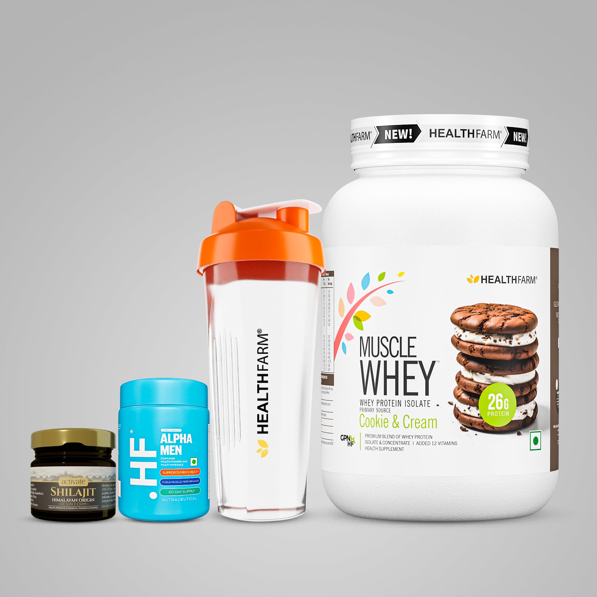 Healthfarm Muscle Whey 1KG + Shilajit + Alpha Men + Free Shaker