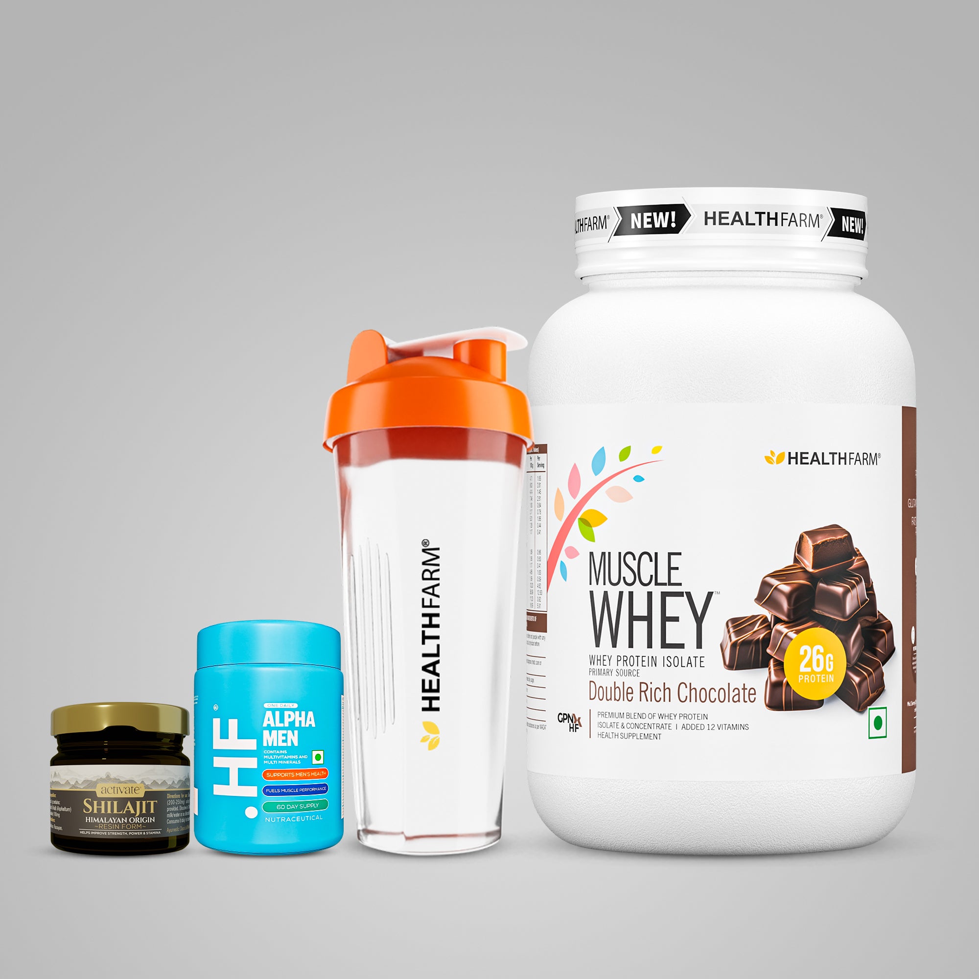 Healthfarm Muscle Whey 1KG + Shilajit + Alpha Men + Free Shaker