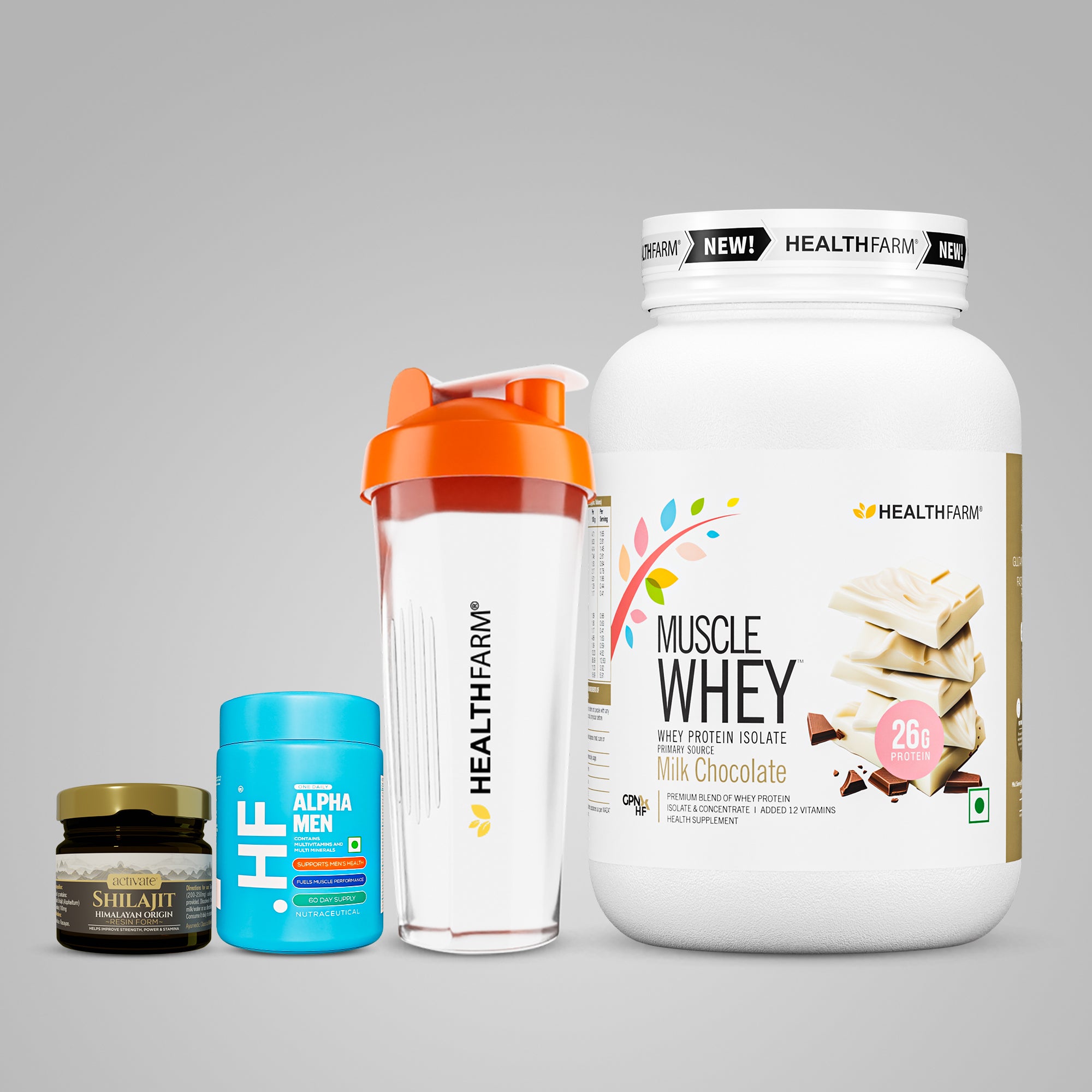 Healthfarm Muscle Whey 1KG + Shilajit + Alpha Men + Free Shaker