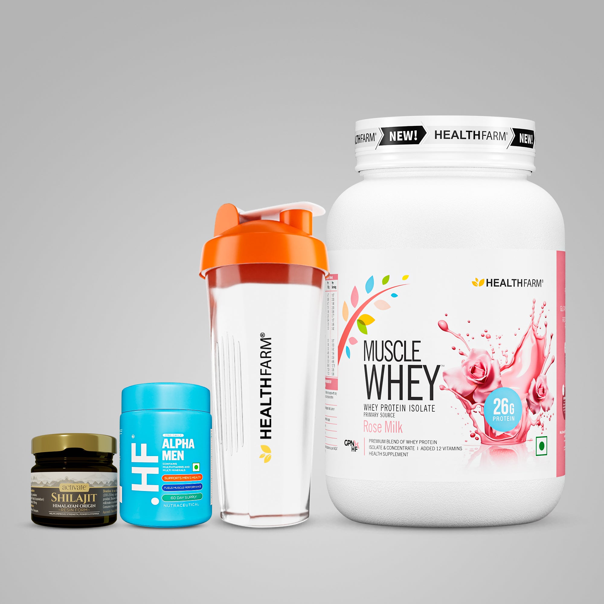 Healthfarm Muscle Whey 1KG + Shilajit + Alpha Men + Free Shaker