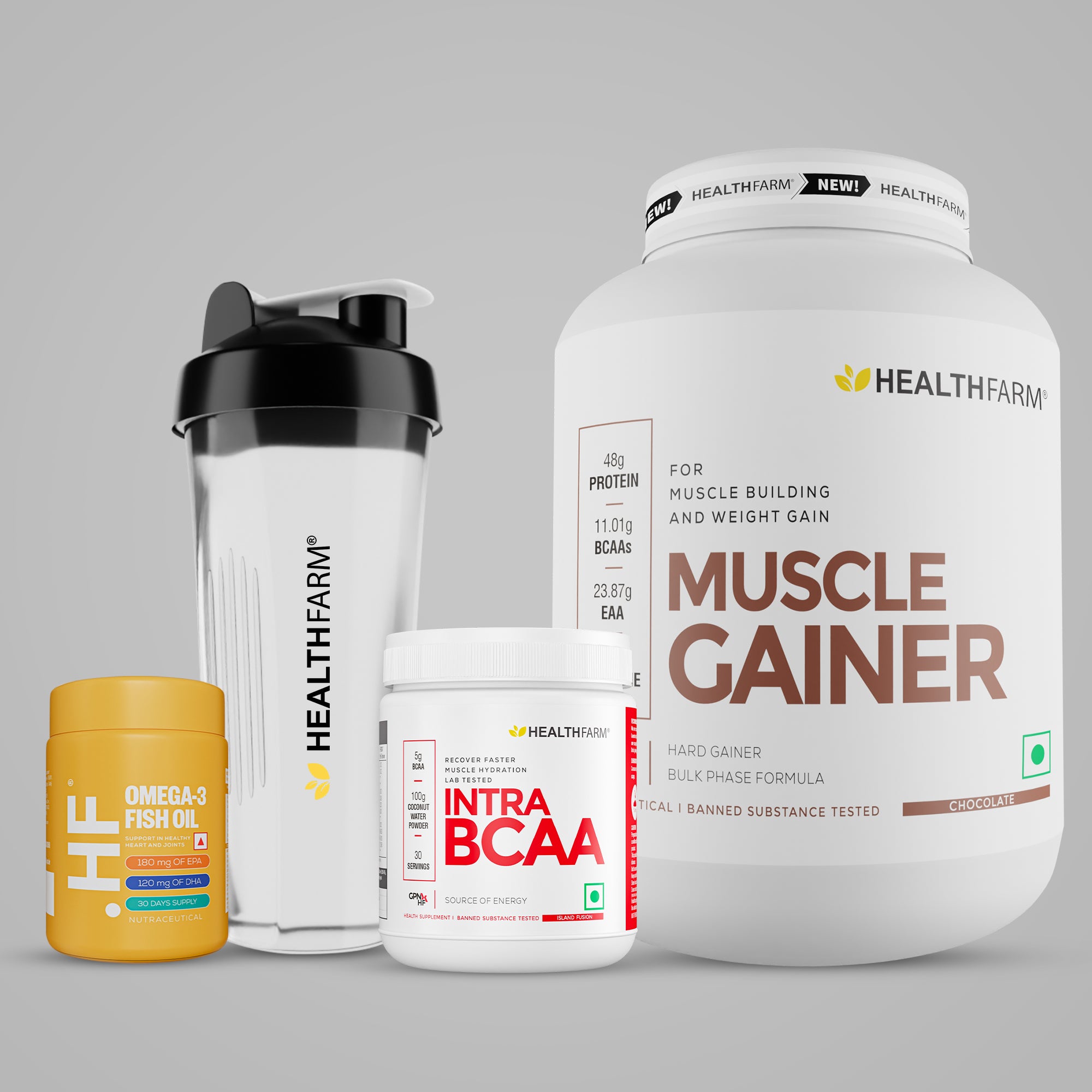 Healthfarm Muscle Gainer (3kg) + Intra BCAA + Fish Oil + Free Shaker