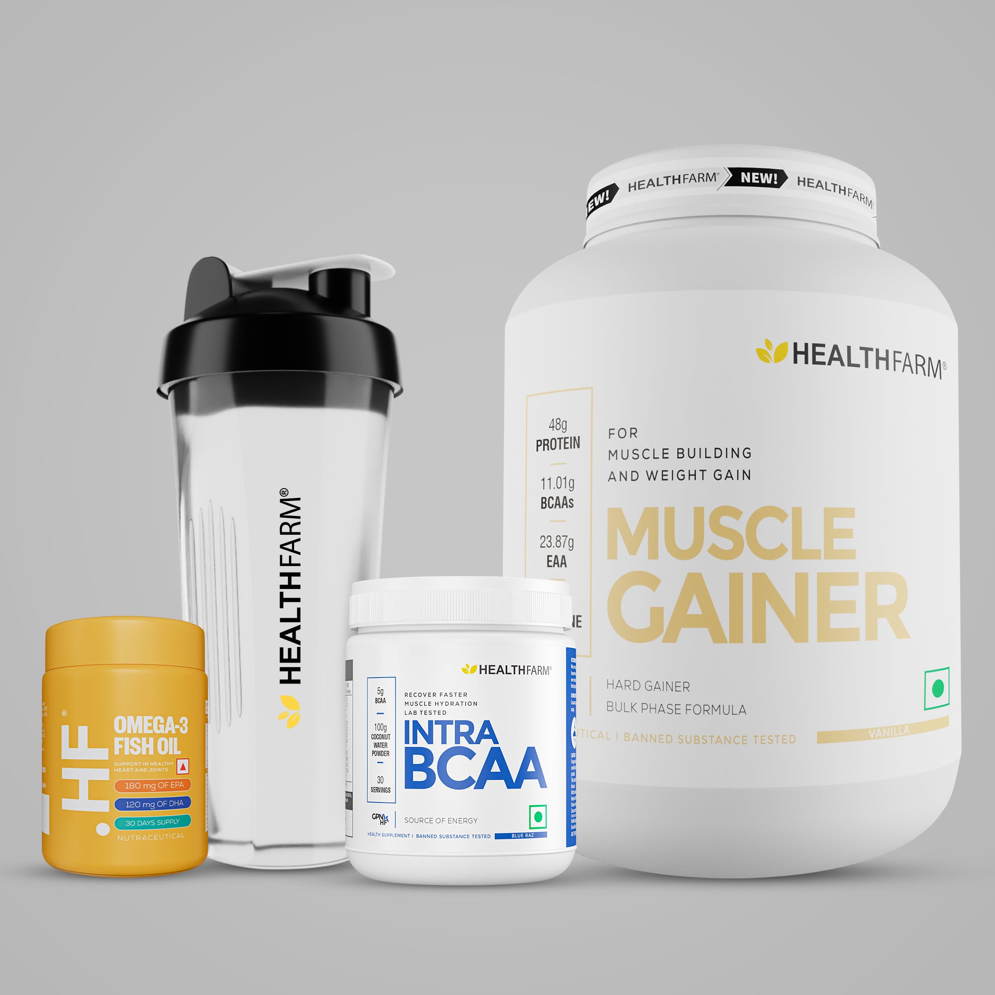 Healthfarm Muscle Gainer (3kg) + Intra BCAA + Fish Oil + Free Shaker