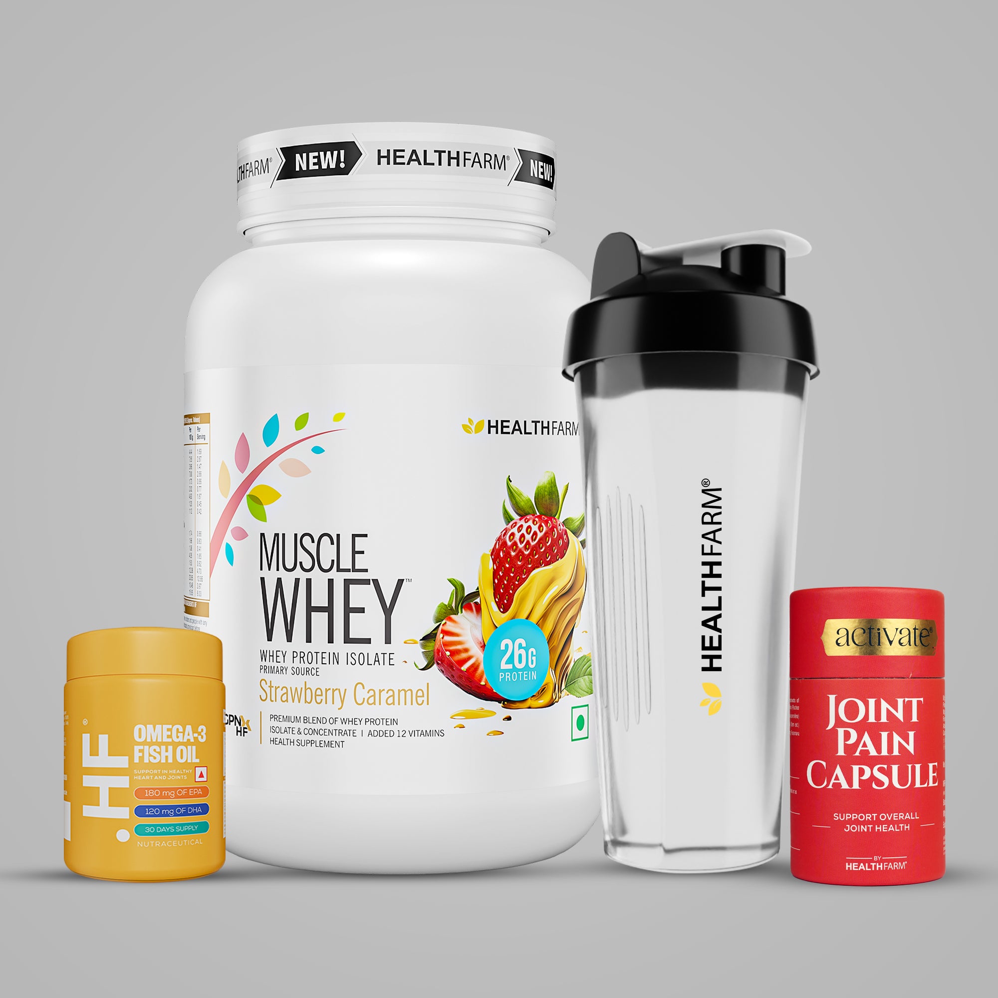 Healthfarm Muscle Whey (1kg) + Joint Pain Capsule + Fish Oil + Free Shaker