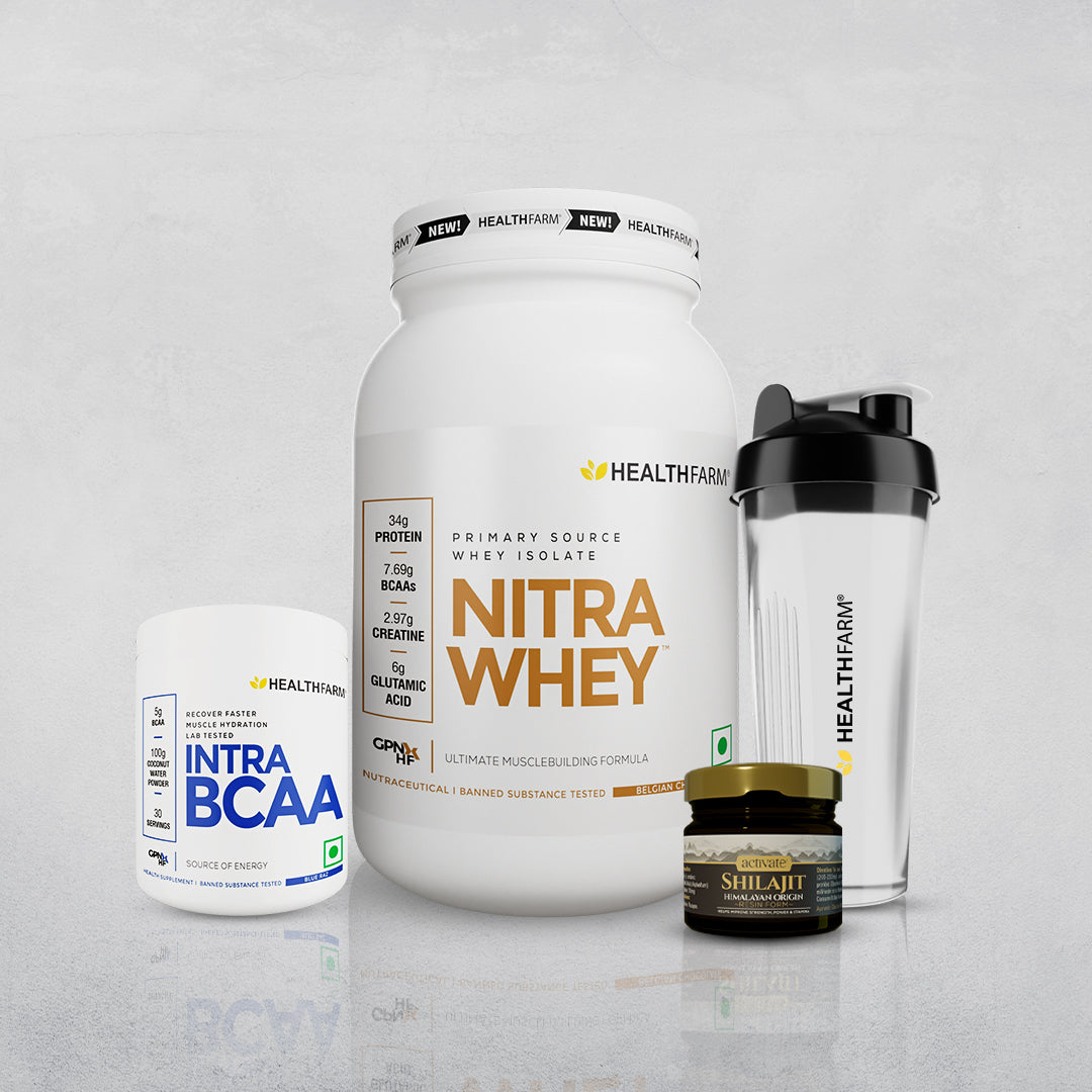 Healthfarm Nitra Whey (1kg) + Intra BCAA + Shilajit (20g) + Free Shake ...