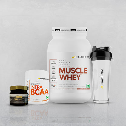 Healthfarm Muscle Whey (1kg) + Intra BCAA + Shilajit (20g) + Free Shaker