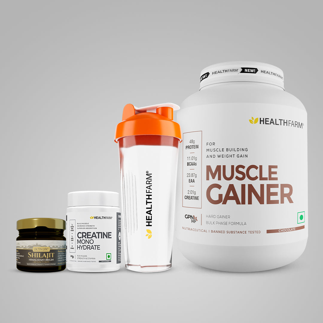 Healthfarm Muscle Gainer (3Kg) + Creatine (100g) + Shilajit (20g) + Free Shaker