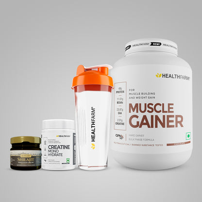 Healthfarm Muscle Gainer (3Kg) + Creatine (100g) + Shilajit (20g) + Free Shaker