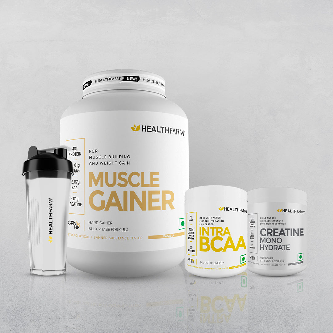 Healthfarm Muscle Gainer (3kg) + Intra BCAA + Creatine (100g) + Free Shaker