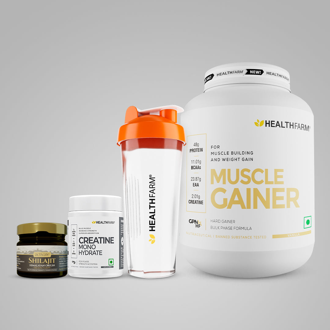 Healthfarm Muscle Gainer (3Kg) + Creatine (100g) + Shilajit (20g) + Free Shaker