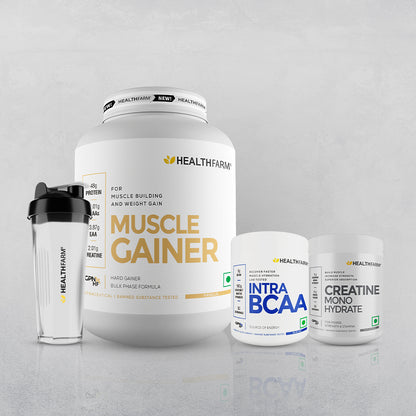 Healthfarm Muscle Gainer (3kg) + Intra BCAA + Creatine (100g) + Free Shaker