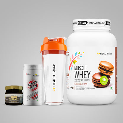 Healthfarm Muscle Whey 1KG + Shilajit + Alpha Men + Free Shaker