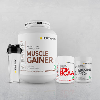 Healthfarm Muscle Gainer (3kg) + Intra BCAA + Creatine (100g) + Free Shaker