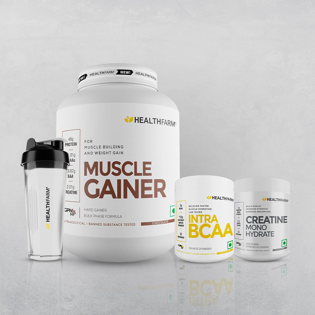 Healthfarm Muscle Gainer (3kg) + Intra BCAA + Creatine (100g) + Free Shaker