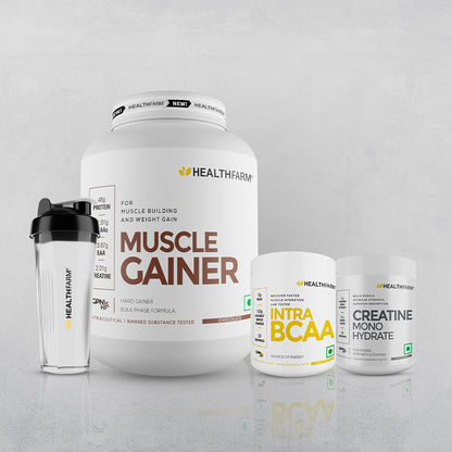 Healthfarm Muscle Gainer (3kg) + Intra BCAA + Creatine (100g) + Free Shaker