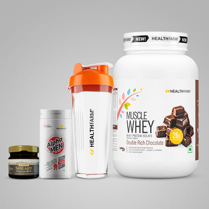 Healthfarm Muscle Whey 1KG + Shilajit + Alpha Men + Free Shaker