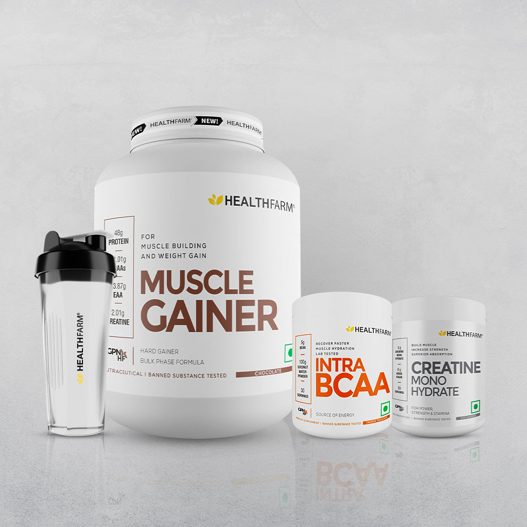 Healthfarm Muscle Gainer (3kg) + Intra BCAA + Creatine (100g) + Free Shaker