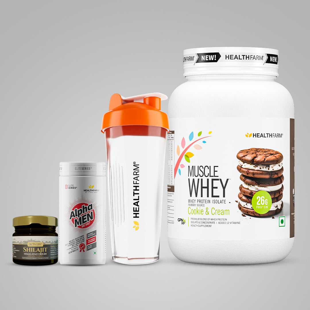 Healthfarm Muscle Whey 1KG + Shilajit + Alpha Men + Free Shaker