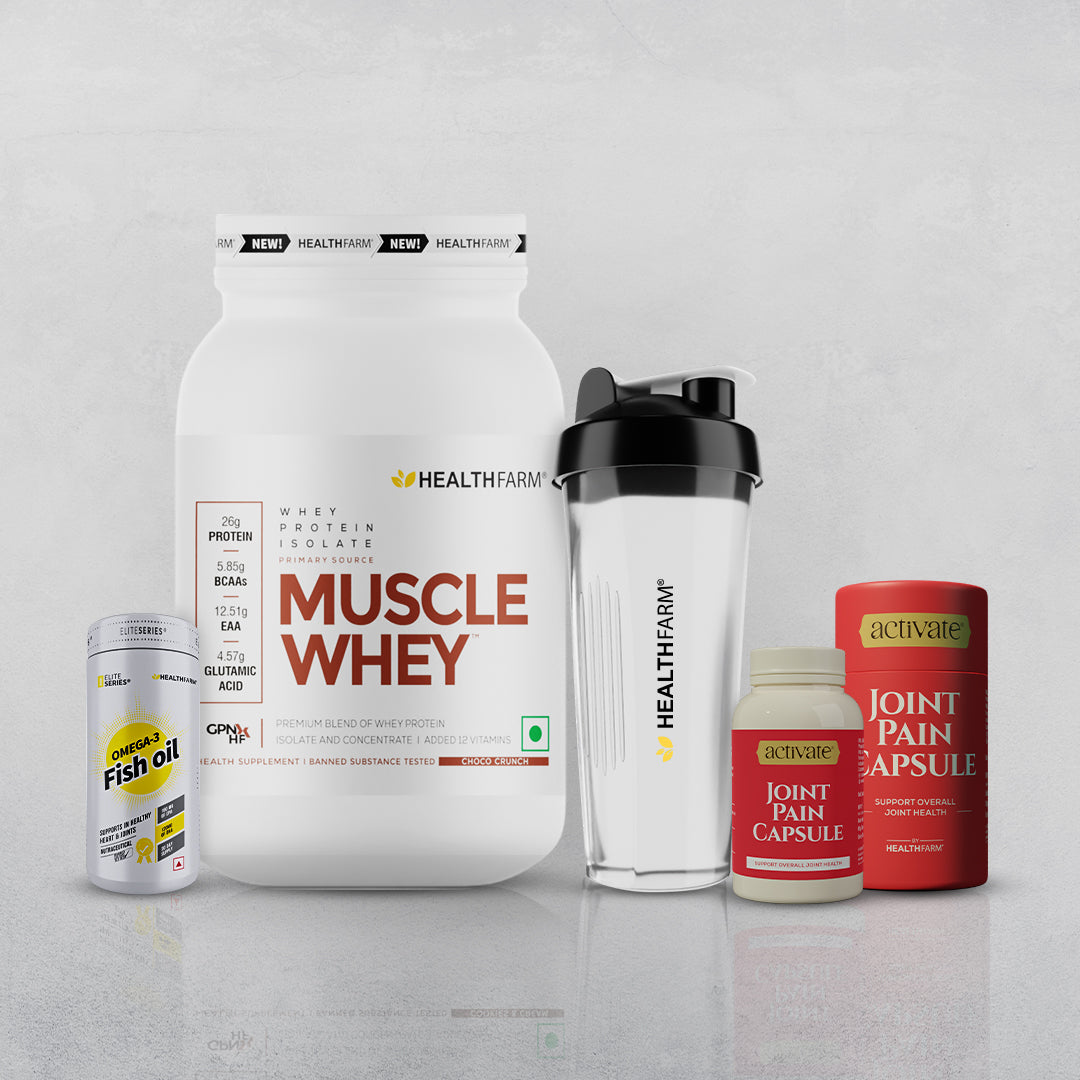 Healthfarm Muscle Whey (1kg) + Joint Pain Capsule + Fish Oil + Free Shaker