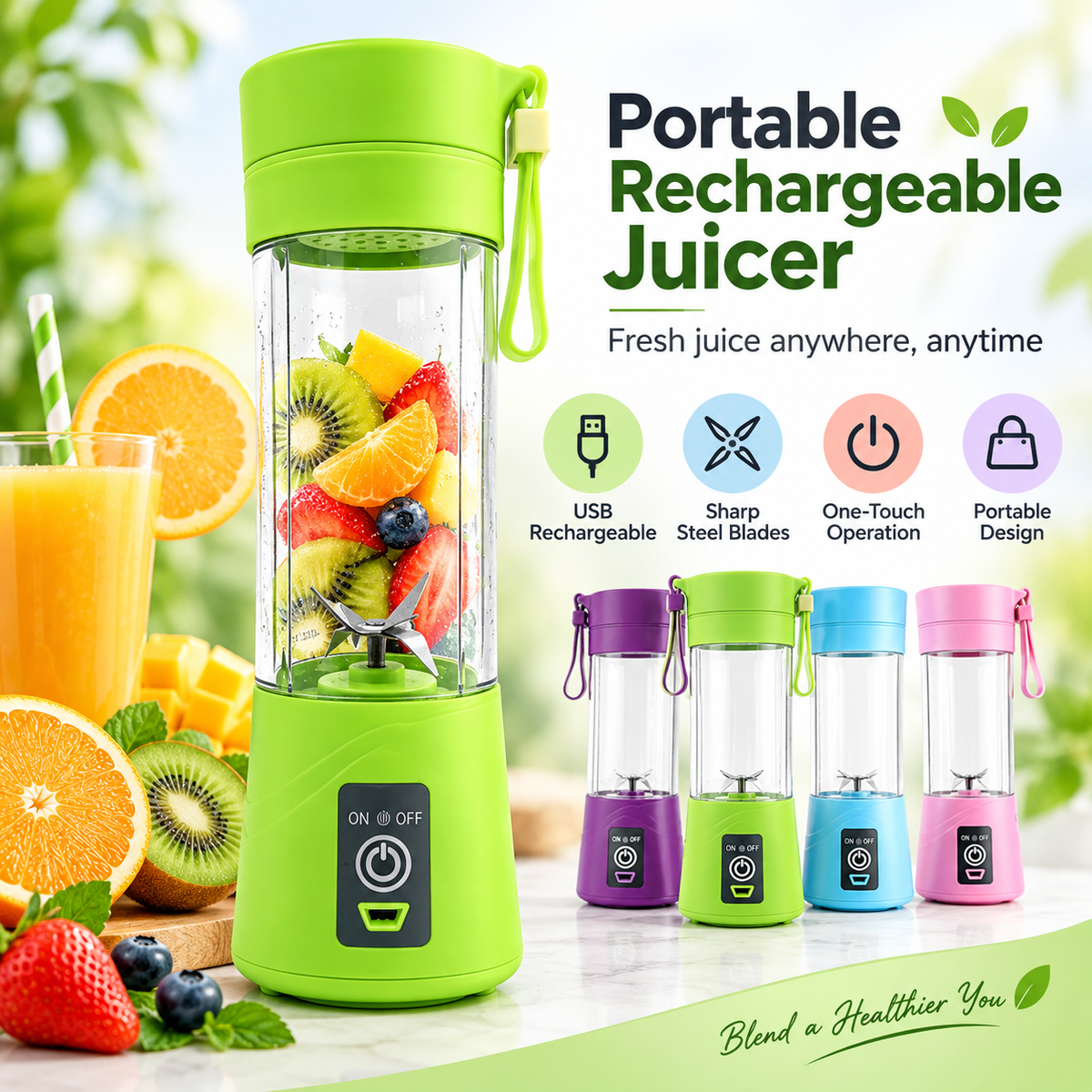 Portable Electric USB Juice Maker Juicer Bottle Blender Grinder Mixer,4 Blades Rechargeable Bottle with (Multi color)