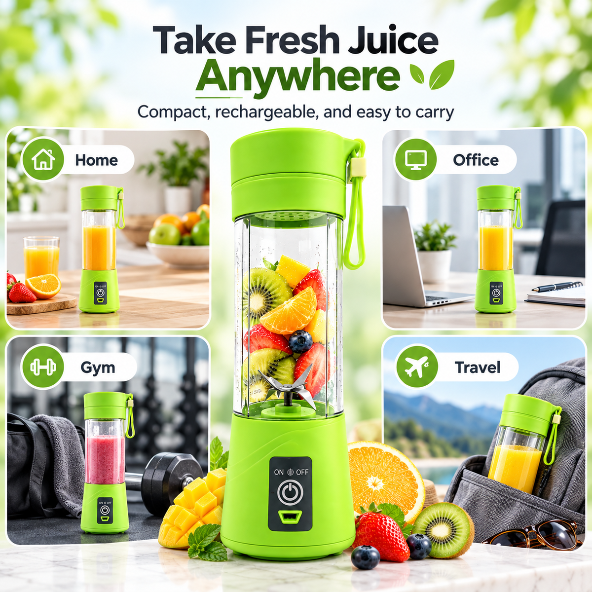 Portable Electric USB Juice Maker Juicer Bottle Blender Grinder Mixer,4 Blades Rechargeable Bottle with (Multi color)