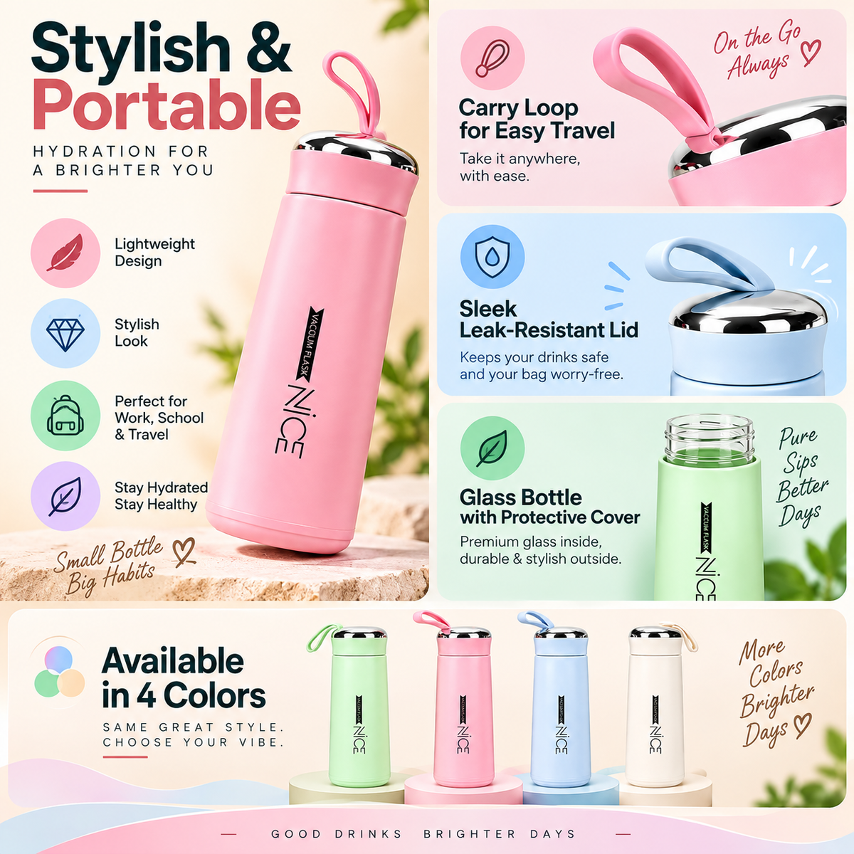 Nice Glass Water Bottle Vacuum Flask Double Wall Multi Color