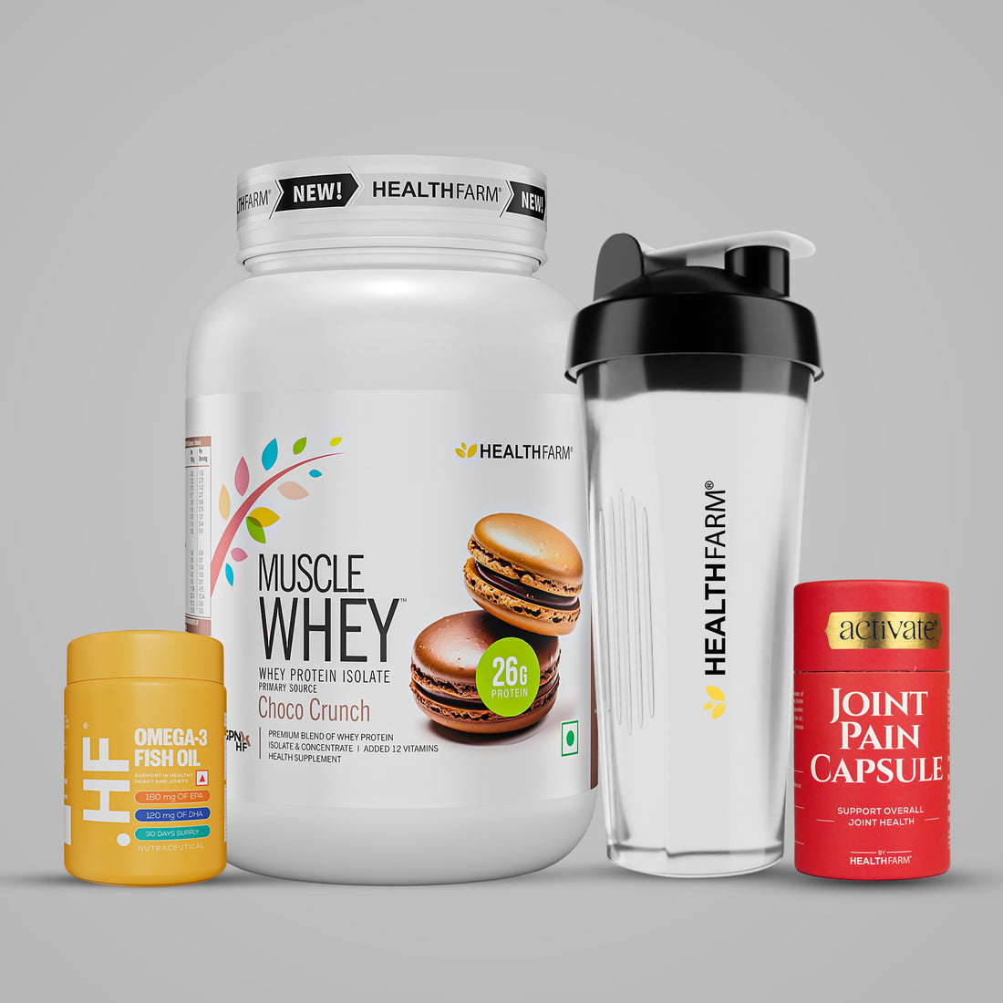 Healthfarm Muscle Whey (1kg) + Joint Pain Capsule + Fish Oil + Free Shaker