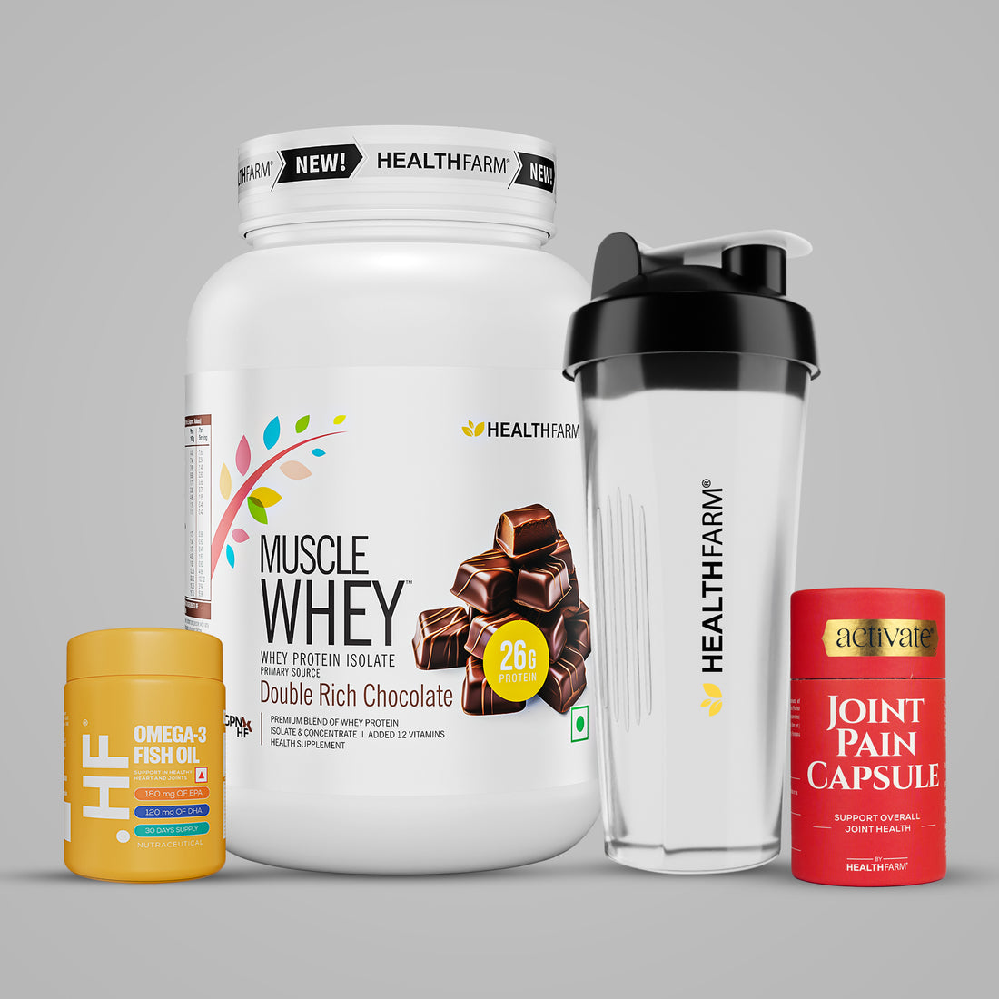 Healthfarm Muscle Whey (1kg) + Joint Pain Capsule + Fish Oil + Free Shaker