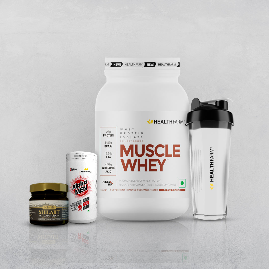 Healthfarm Muscle Whey 1KG + Shilajit + Alpha Men + Free Shaker