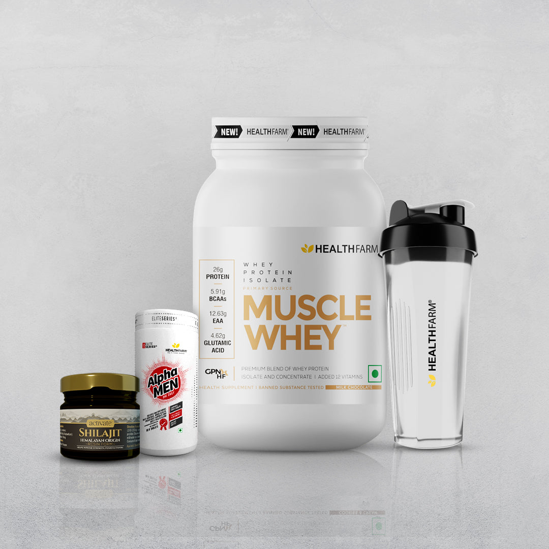 Healthfarm Muscle Whey 1KG + Shilajit + Alpha Men + Free Shaker