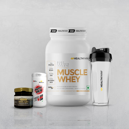 Healthfarm Muscle Whey 1KG + Shilajit + Alpha Men + Free Shaker