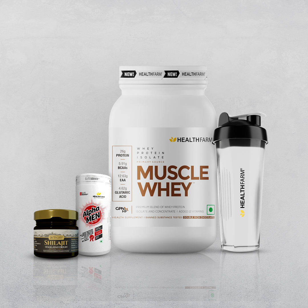 Healthfarm Muscle Whey 1KG + Shilajit + Alpha Men + Free Shaker