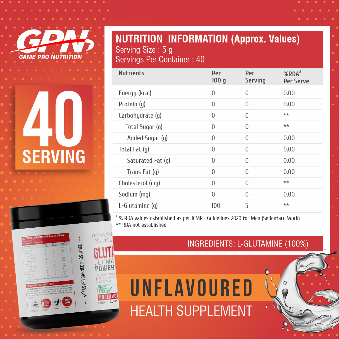 GPN Glutamine Powder - 200gm, 40 Servings (Unflavoured-100% Pure)