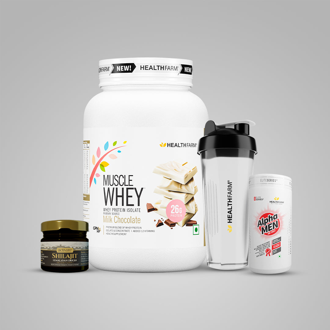 Healthfarm Muscle Whey 1KG + Shilajit + Alpha Men + Free Shaker