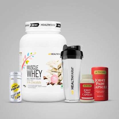 Healthfarm Muscle Whey (1kg) + Joint Pain Capsule + Fish Oil + Free Shaker