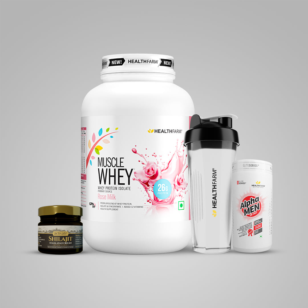 Healthfarm Muscle Whey 1KG + Shilajit + Alpha Men + Free Shaker