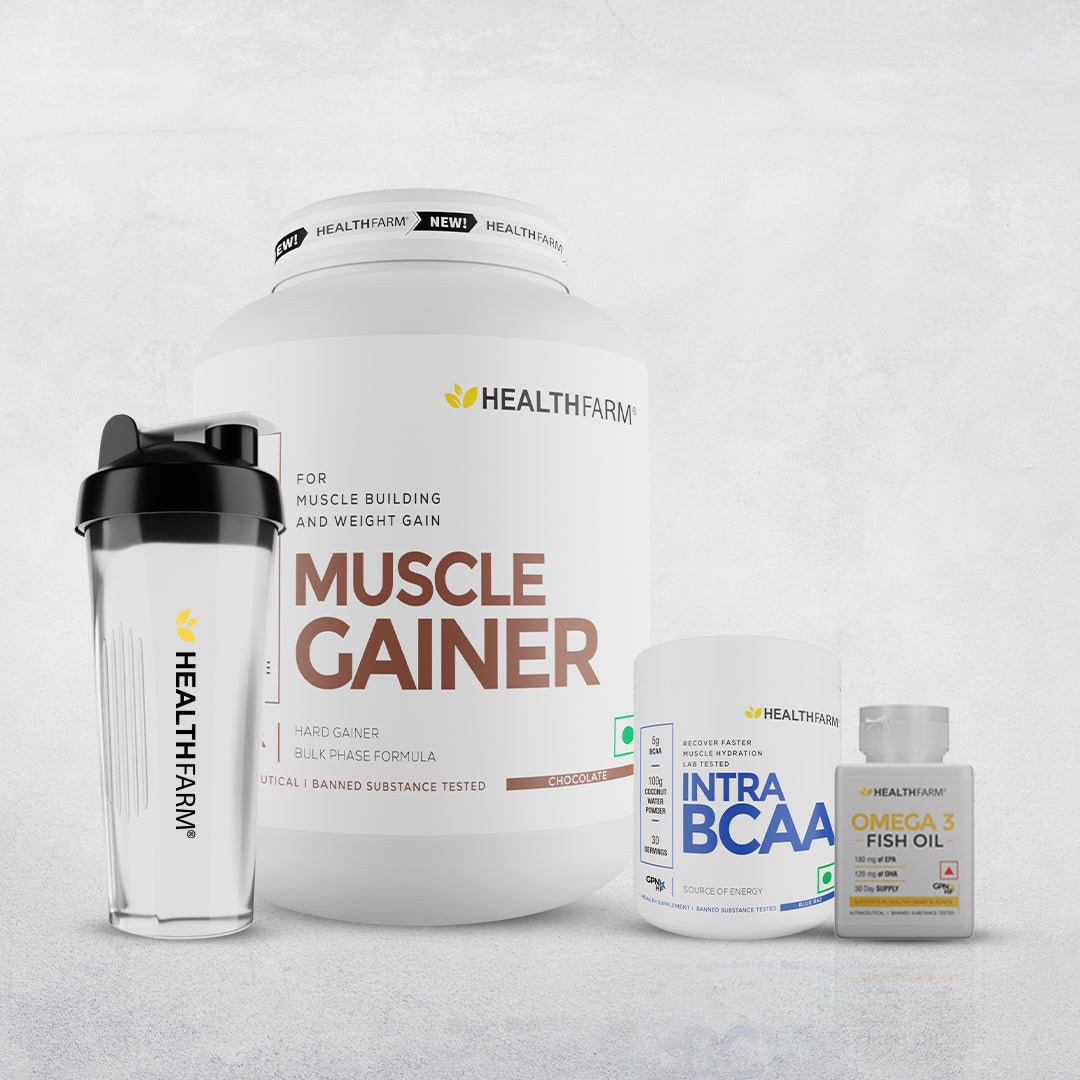 Healthfarm Muscle Gainer (3kg) + Intra BCAA + Fish Oil + Free Shaker