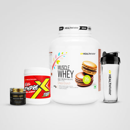 Healthfarm Muscle Whey (2Kg) + Shilajit (20g) + Thprex + Free Shaker